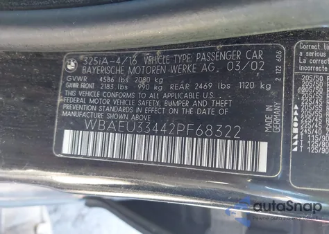 2002 BMW 325Xi из США, поврежденный, VIN WBAEU33442PF68322